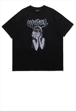 Anime girl t-shirt Gothic tee Korean cartoon top in black
