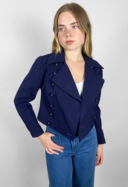Vintage 70's Blue Ladies Crop Dagger Collar Jacket Small
