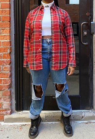 VINTAGE 60S TOPPS RED CHECK PLAID BUTTON DOWN SHIRT