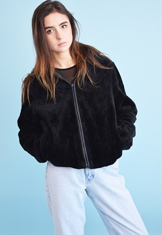 90'S RETRO FAUX FUR BLACK CROPPED CONVERTIBLE JACKET