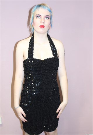 VINTAGE SPARKLY BLACK HALTERNECK COCKTAIL DRESS CHRISTMAS