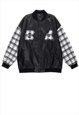 Faux leather jacket check baseball bomber in black