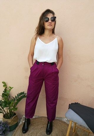 VINTAGE 90S HIGH WAISTED COTTON TAPERED TROUSERS IN PURPLE