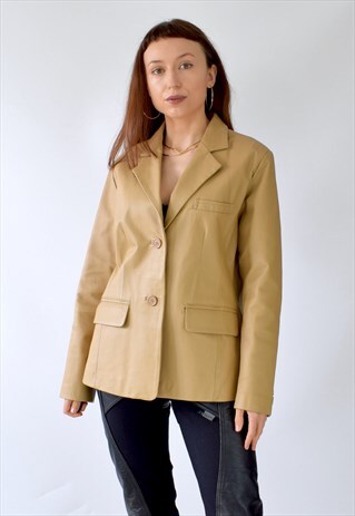 VINTAGE 80S 90S BEIGE LEATHER BLAZER JACKET