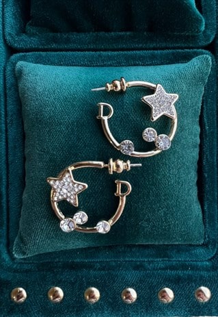 DIOR EARRINGS HOOPS DIAMANTE GEM STAR CD LOGO GOLD TONE