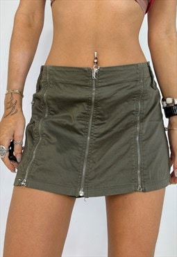 Vintage Y2k Mini Skirt Double Zips Khaki Utility Grunge 00s