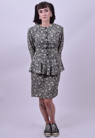VINTAGE 80'S BLACK & BEIGE CRAZY PRINT PEPLUM DRESS 12 14