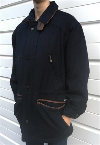 MENS VINTAGE 80S COAT DARK BLUE MIDI LENGTH COAT MAC TRENCH