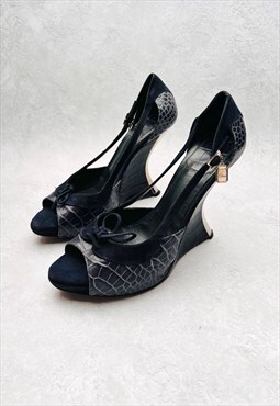 Christian Dior Wedges Heels Authentic Navy Blue Leather UK 5