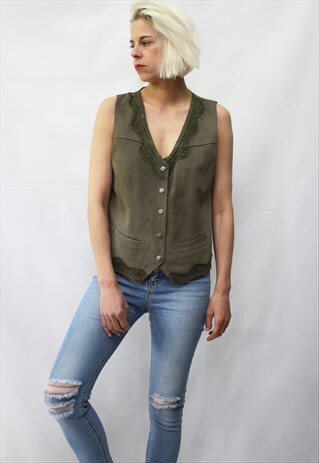 VINTAGE 80' ELEGANT BEAUTIFUL SUEDE OLIVE VEST