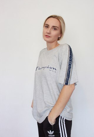 VINTAGE 90S CHAMPION TAPE LOGO T-SHIRT GREY OVERSIZED UNISEX