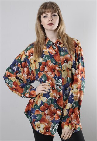 VINTAGE 80S SILK FLORAL PATTERNED SHIRT BLOUSE TOP