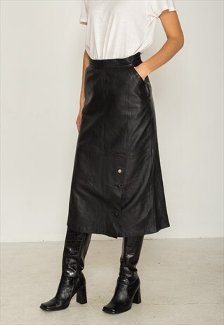 VINTAGE BLACK LEATHER MIDI SKIRT