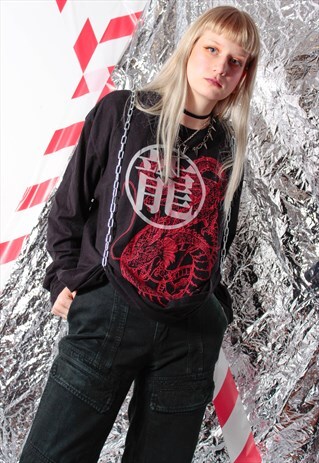 Y2K GOTHIC JAPAN RED DRAGON BALL PRINT BLACK LONG SLEEVE TOP