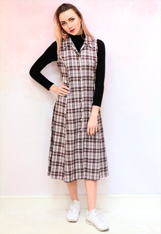 1990S VINTAGE BROWN AND CREAM CHECKED MIDI DRESS