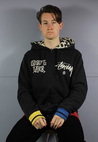 VINTAGE STUSSY REVERSIBLE ZIP HOODIE IN BLACK AND WHITE WITH