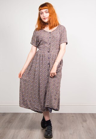 VINTAGE 90'S MULTICOLOUR FLORAL PATTERN MIDI DRESS