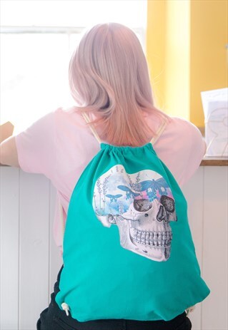MOTH SKY SKULL EMERALD GREEN DRAWSTRING BACKPACK