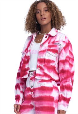 Cropped Denim Jacket Made To Order In Red Pink Tiedye