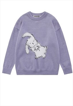 Animal patch fluffy sweater knit retro rabbit jumper purple