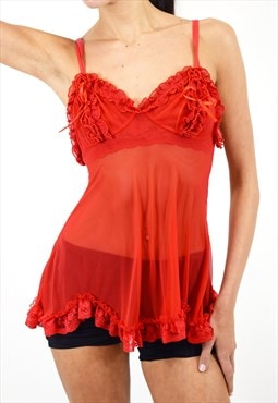 Vintage Y2K Lingerie Cami Top in Frilly Red Mesh