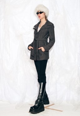 Vintage Y2K Winter Coat in Grey Wool Blend with Belt