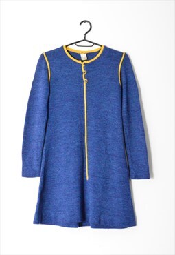 Vintage 60s Blue Yellow Knit Wool Blend Mini Dress Petite