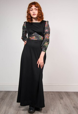 VINTAGE 70'S BLACK GLITTER PATTERNED PANEL BOHO MAXI DRESS