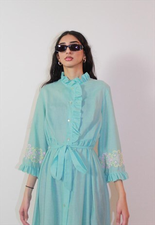 BLUE VINTAGE 1970S FLOWY SLIGHTLY SHEER DRESS WITH TIE BELT