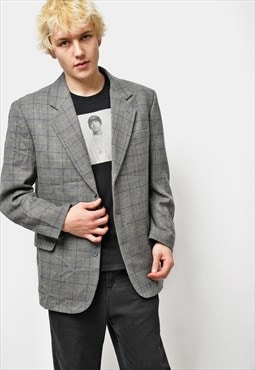 Vintage plaid blazer mens grey Checkered preppy unisex coat