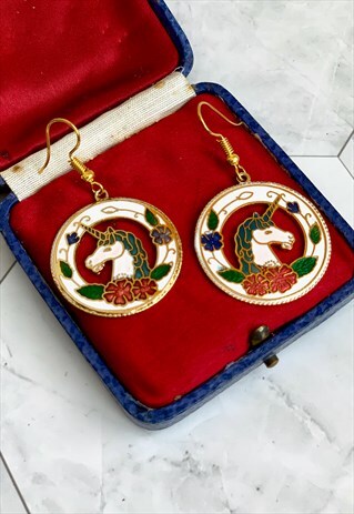 80S UNICORN CLOISONNE EARRINGS MYTHICAL VINTAGE JEWELLERY