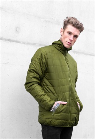 ESSENTIAL COLLARED ZIP UP PUFFER PADDED JACKET - KHAKI GREEN