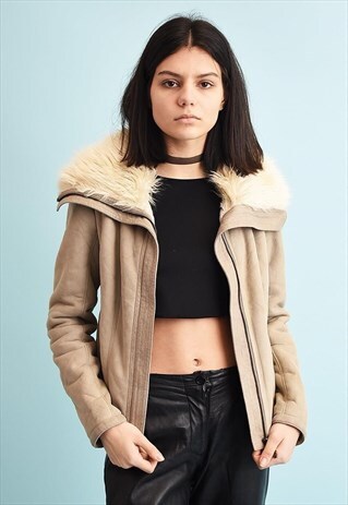 90'S RETRO GUESS FAUX FUR NEUTRAL CROPPED JACKET