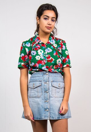 VINTAGE 70'S GREEN FLORAL PATTERN BLOUSE SHIRT