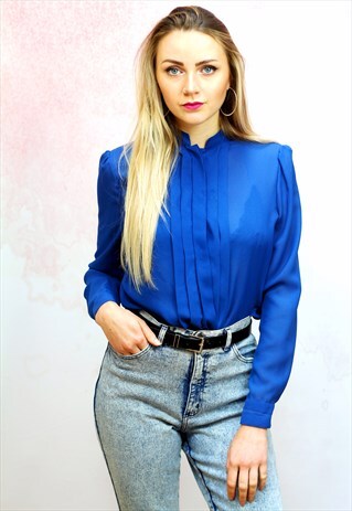 1980S VINTAGE BLUE FAUX CHIFFON HIGH NECK BLOUSE