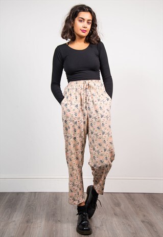 VINTAGE BEIGE FLORAL PATTERN TAPERED LOOSE TROUSERS