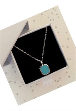 Turquoise Necklace Sterling Silver Chain With Square Pendant
