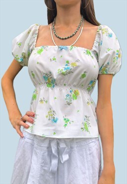 White and Green Floral Tie back milkmaid blouse 