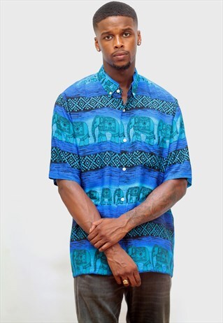 1990'S VINTAGE OVERSIZED ELEPHANT PRINT SHIRT IN BLUE