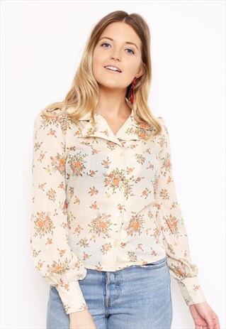 VINTAGE 70S BROWN FLORAL PRINT SHIRT BLOUSE