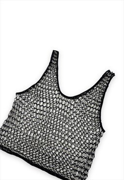 Vintage 90s net knit crochet top black beaded cover up