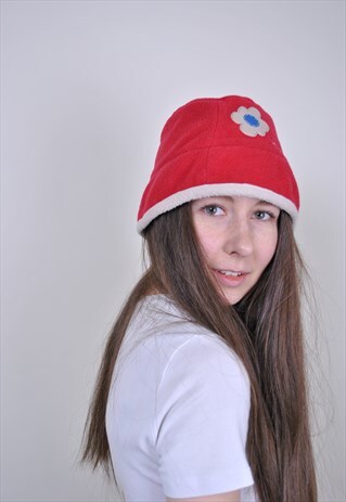 90S RED FLOWER BUCKET HAT, VINTAGE WOMEN FLORAL FLEECE HAT