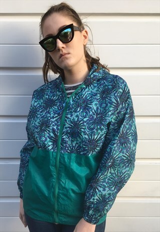 WOMENS VINTAGE 80S BLUE GREEN FLORAL WINDBREAKER RAIN JACKET