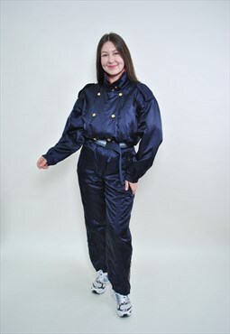 One piece ski suit, 80s blue snowsuit MEDIUM ski overall