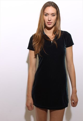 VINTAGE 1990'S 90'S SLATE BLUE STRETCH VELVET MINI DRESS S-M