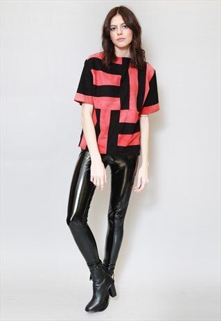 VINTAGE 1970'S GEOMETRIC RED & BACK SUEDE FESTIVAL TOP