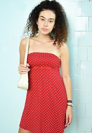 VINTAGE Y2K 00S POLKA DOT MINI BANDEAU DRESS RED PARISIAN