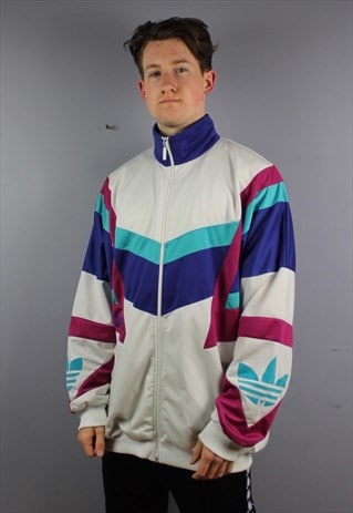VINTAGE ADIDAS WINDBREAKER JACKET IN WHITE WITH PRINTING AND