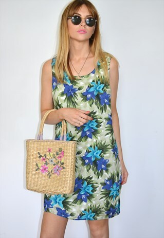 VINTAGE 90S GREEN & BLUE FLORAL PATTERN SUMMER MINI DRESS