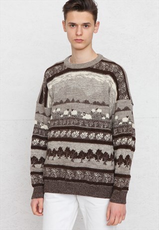 VINTAGE GREY BROWN CONCEPT ROUND NECK KNIT JUMPER
